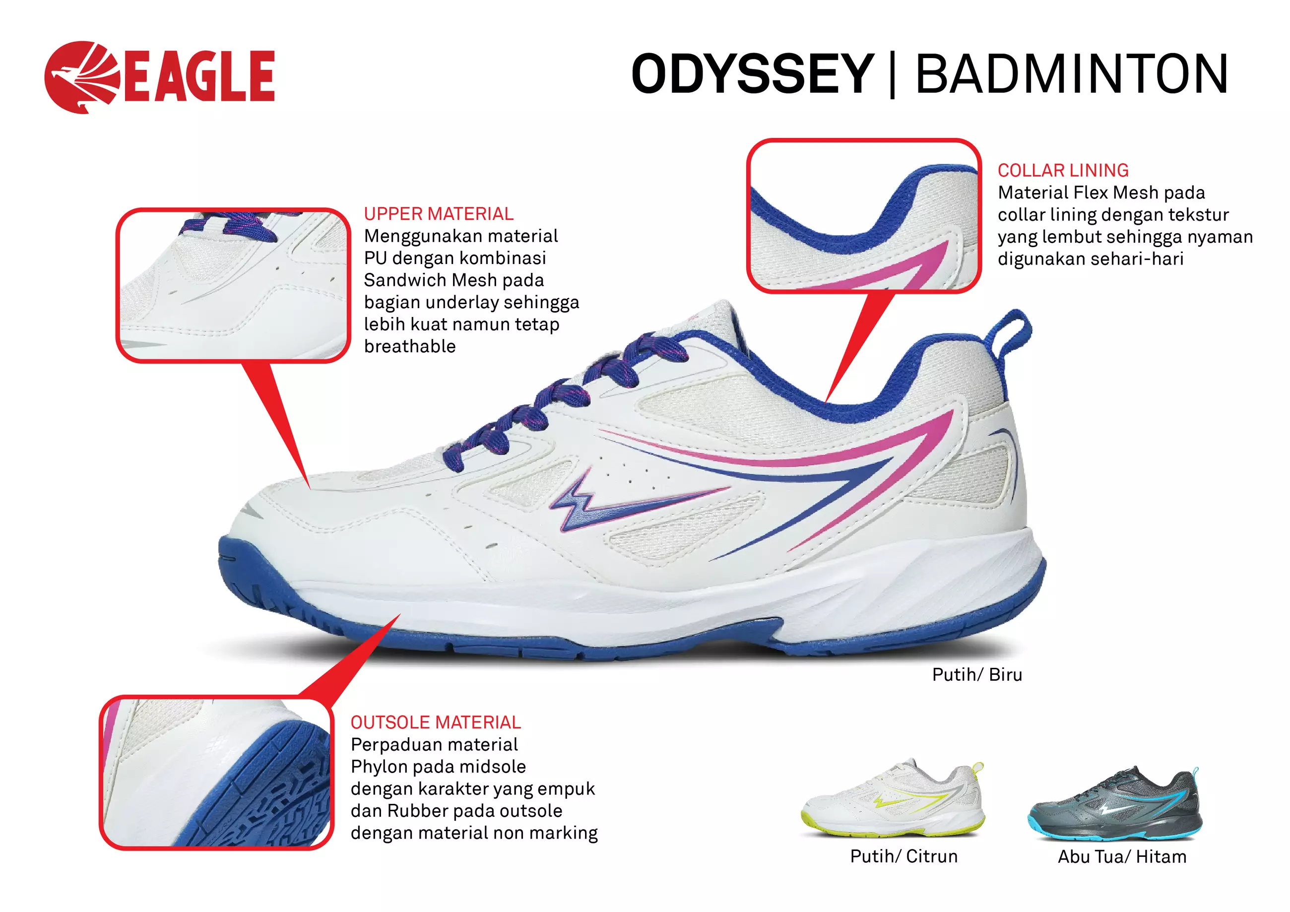 Eagle Odyssey Sepatu Badminton Warna Putih Citrun