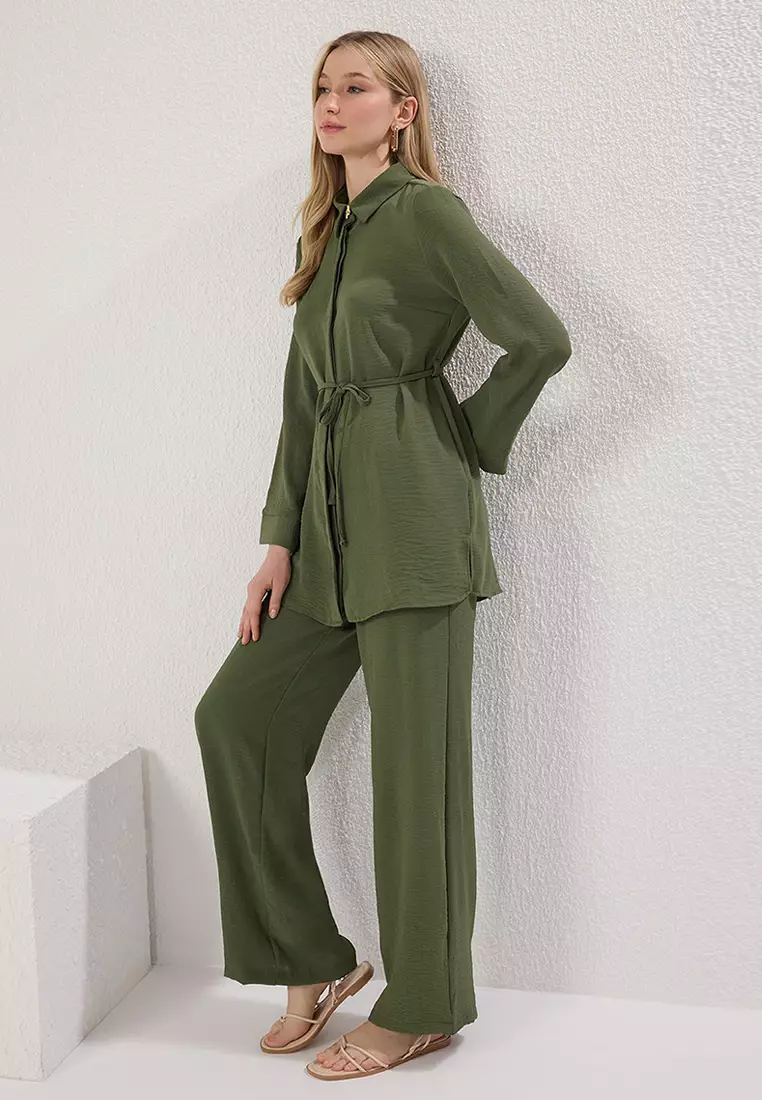 Khaki Waist Tie Detailed Aerobin Shirt-Pants Woven Bottom-Top Set TCTSS25US00034