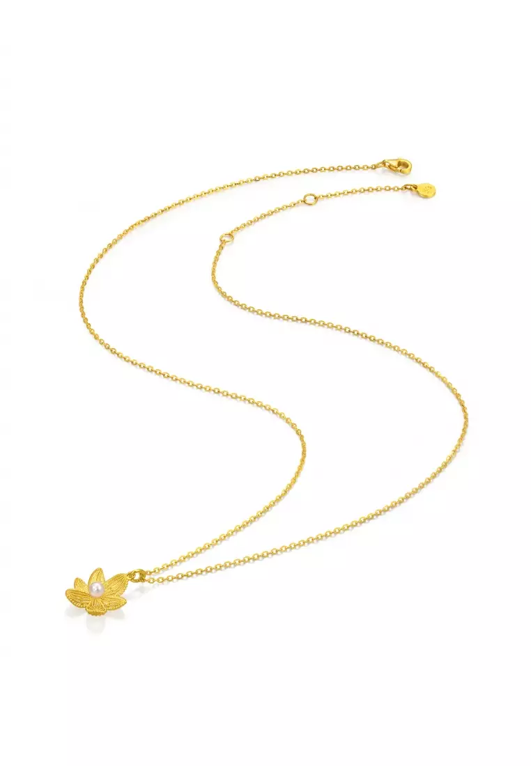 999.9 24K Solid Gold Dainty Gold Blossom Lily Pearl Necklace for Women Size  95735N