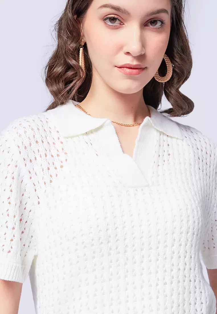 Open Work Knit Polo Top OFF WHITE