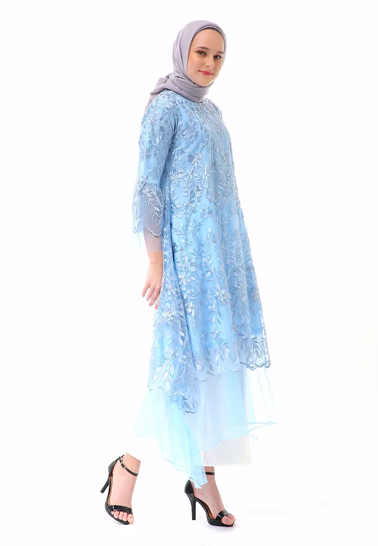 Aliyah Long Dress Motif Bunga High Quality Premium - Baby Blue