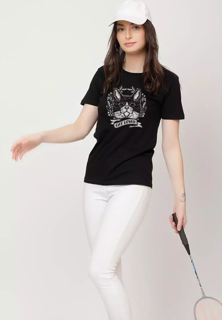 Cat Lover Relaxed Short Sleeve Stylish Black Cotton Casual Graphic Print Tee/TShirt