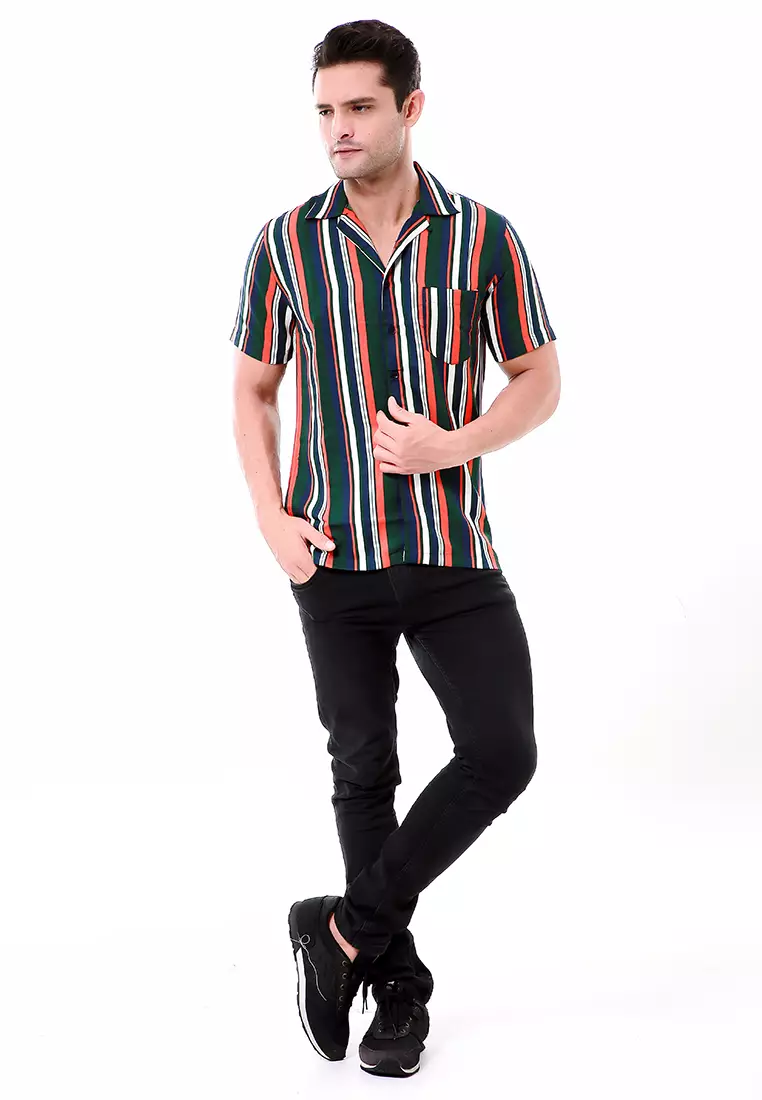 Leopold Atasan Pria Kemeja Motif Salur Lengan Pendek Material Cotton ORIGINAL - Green Orange