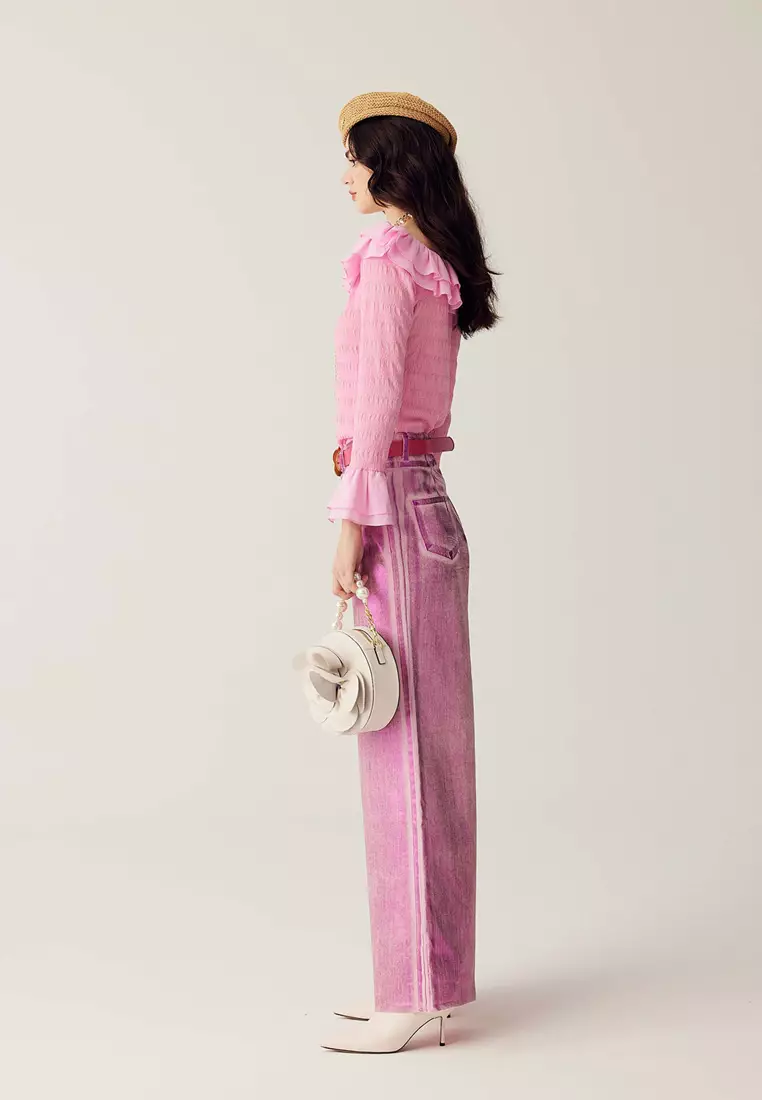 Double Layer Flounce Collar Pink Top