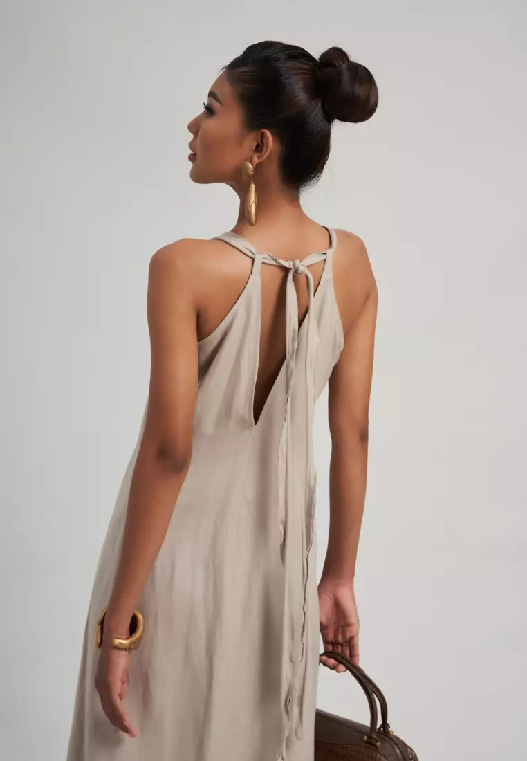 BEIGE LINEN MIDI DRESS