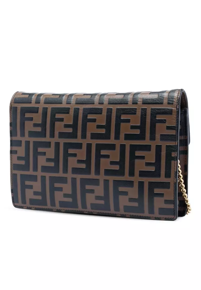 Pre-Loved Fendi Zucca Embossed Leather F Is Fendi Envelope Wallet On Chain
