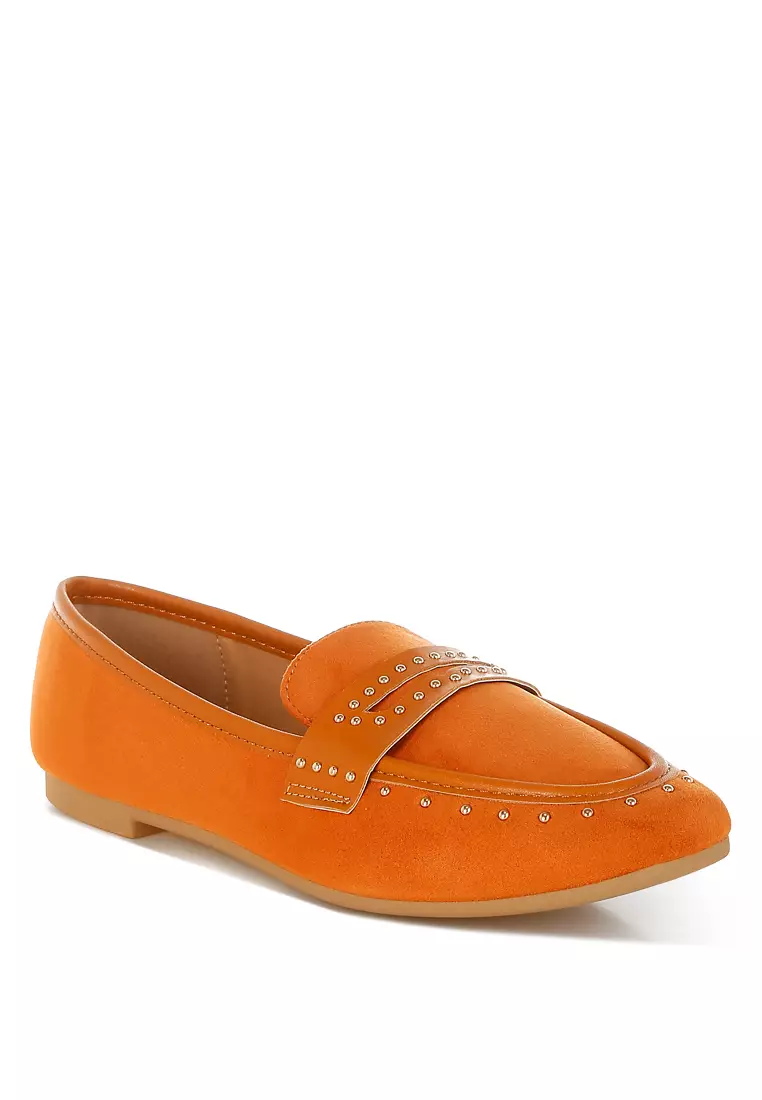 Penny Strap Studded Loafers In Tan