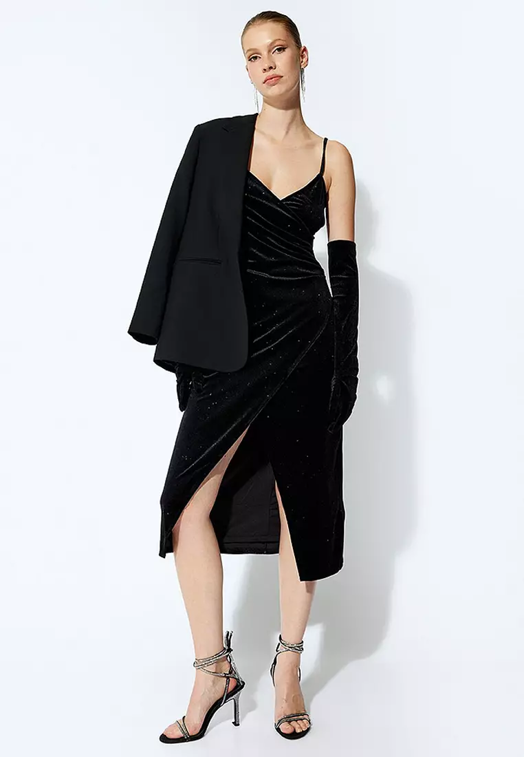 Velvet Dress Glittery Midi Length Slit Detailed Straped V Neck Draped