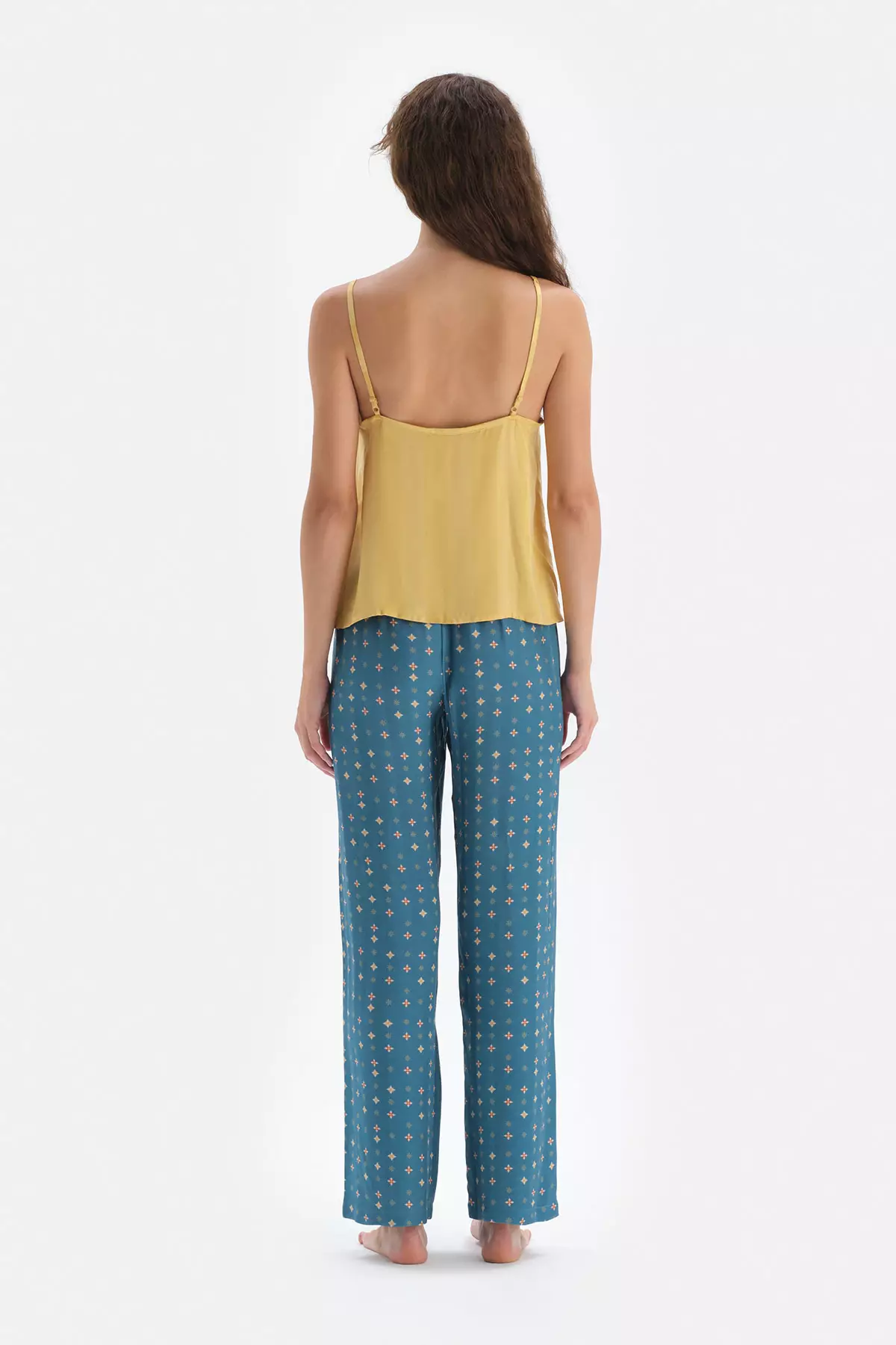 Mustard Pyjama Set, Thin Straps, V-Neck, Geometric Printed, Regular Fit, Sleeveless Homewear And Sleepwear for Women