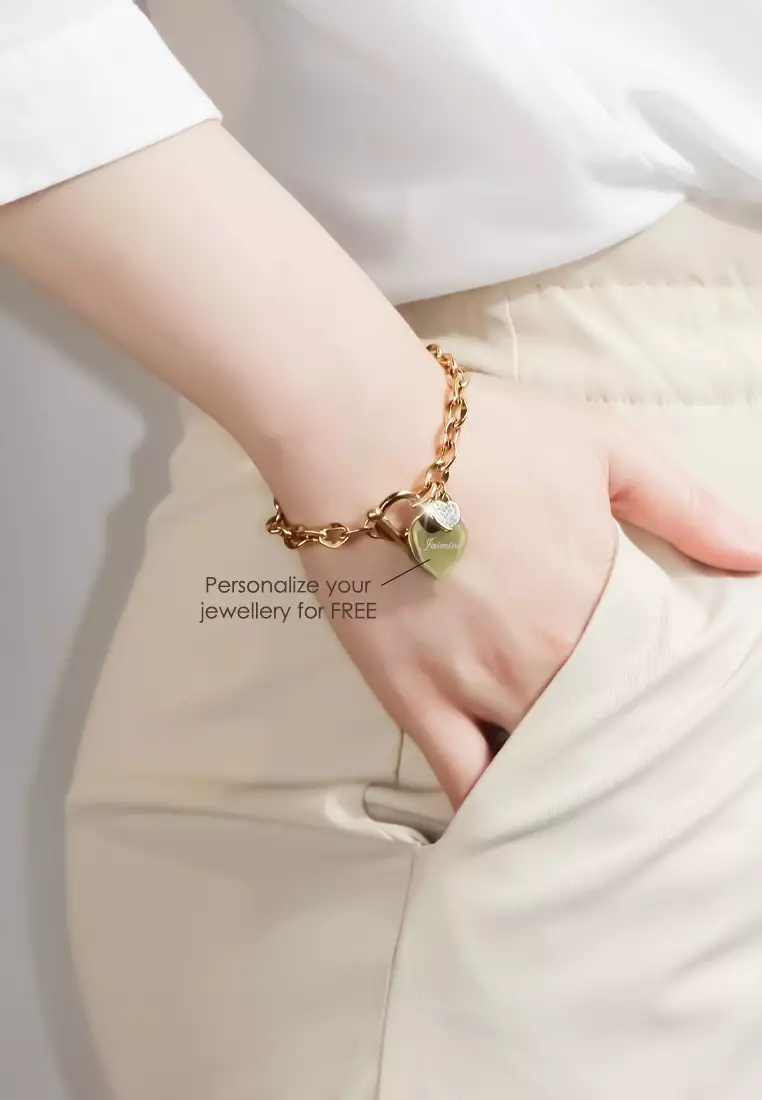 La Devotion CZ Heart Tag Pendant Toggle Clasp Bracelet in Gold