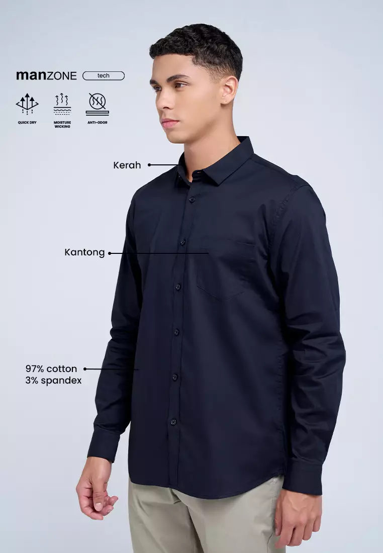 MANZONE - Kemeja Lengan Panjang Pria Jazbe 5 Modern Fit - Black Warna Black