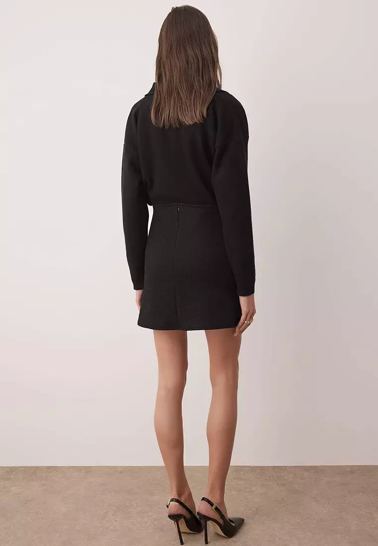 Black Pencil Tweed Button Detailed Short/Mini Knitted Skirt Twoaw26Et00086
