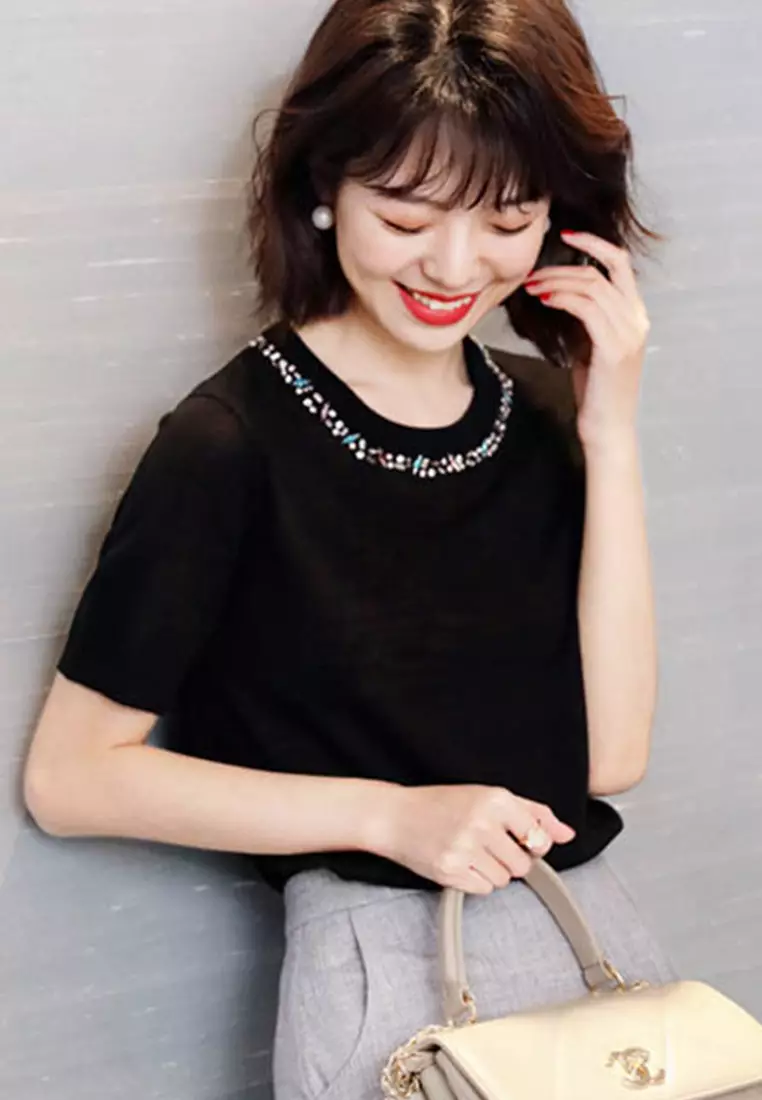 Korean Style Woolen Beaded Ultra-Thin Top A21031903BK