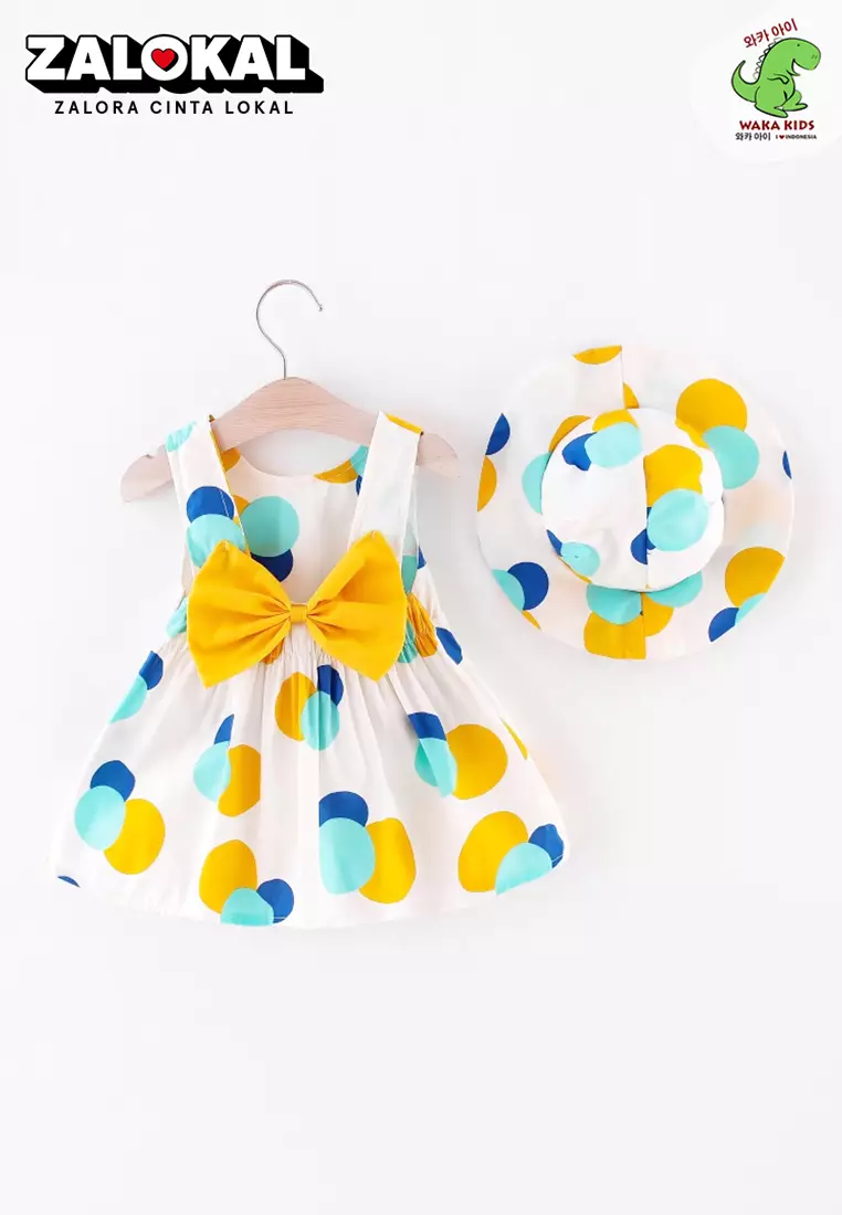 Wakakids Dress Bayi Anak Perempuan Set dengan Topi Motif Lucu Pita Full Printing Katun 4424 Venrz Polkadot Kuning