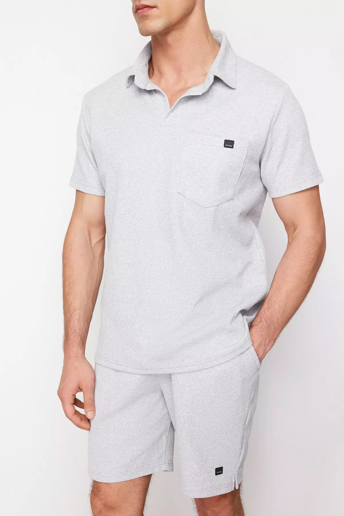 Gray Regular/Normal Cut Textured Fabric Labeled Polo Collar Tracksuit Set TMNSS23EM00003