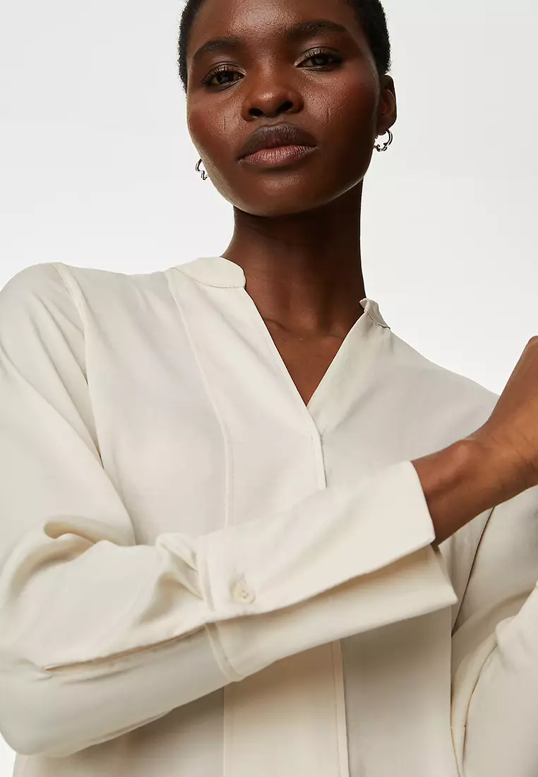 Satin V-Neck Popover Blouse