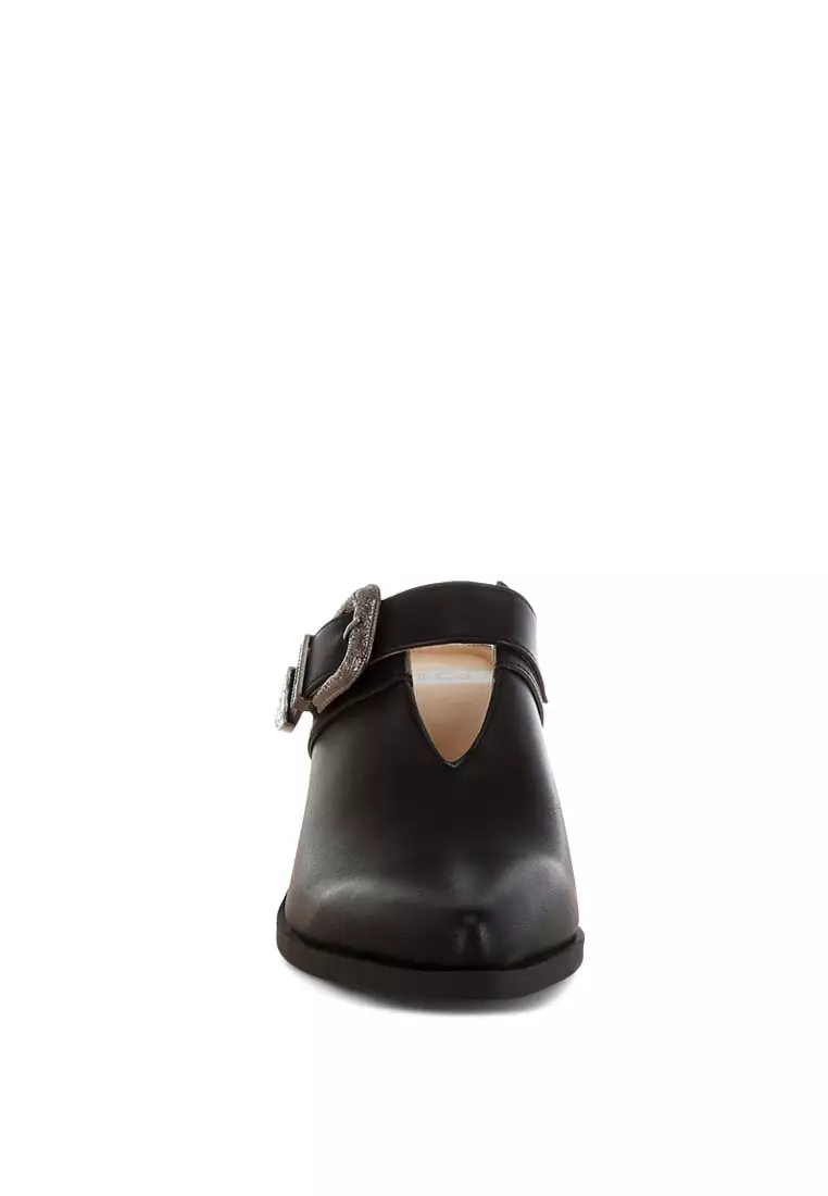 Carved Buckle Statement Mules in Black