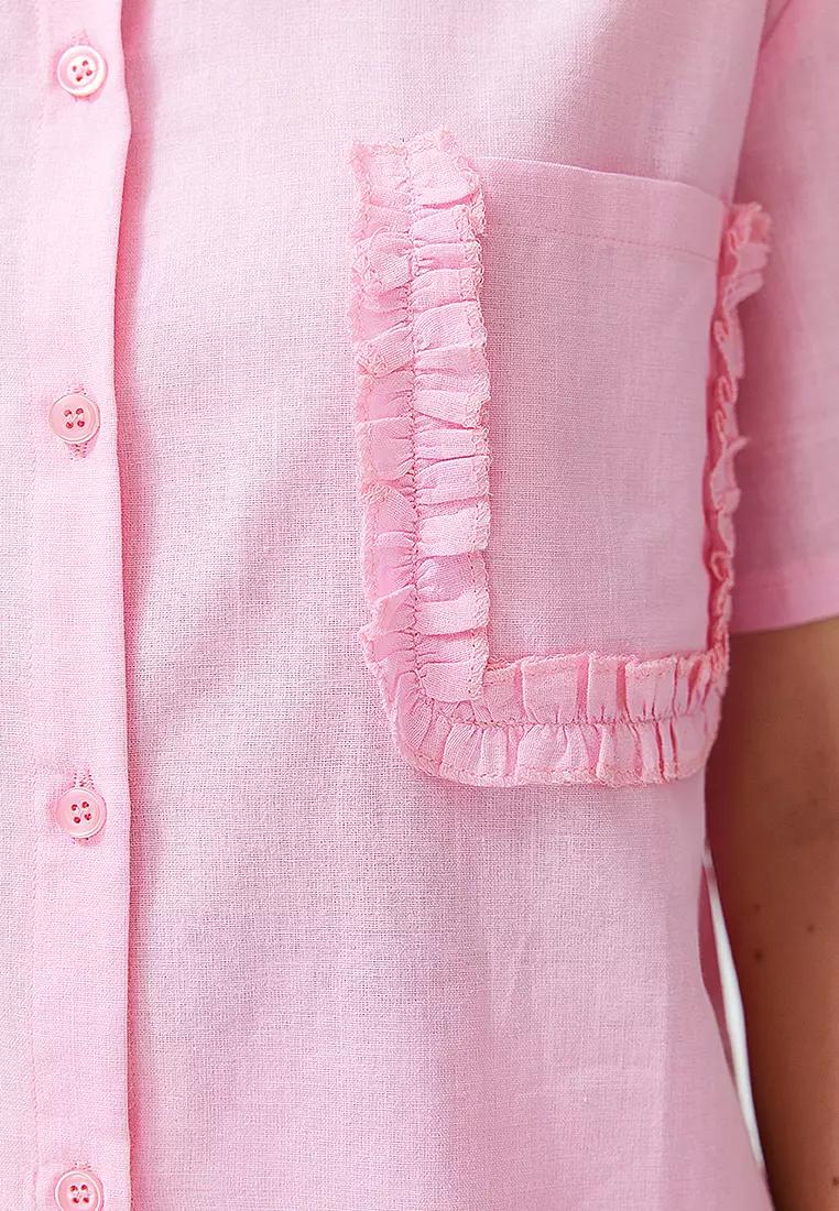 Buy Trendyol Pink Pocket Ruffle Detail Woven Pajama Set With Shorts ...