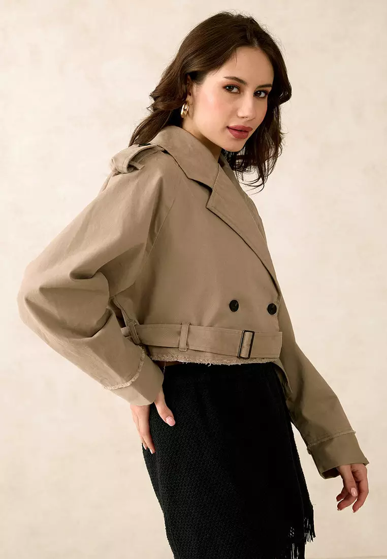 VIRGIO Cotton Stretch Beige Crop Trench Coat