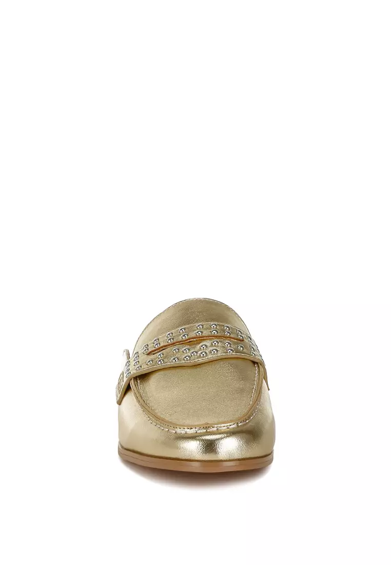 Stud Detail Metallic Pleather Mules in Gold