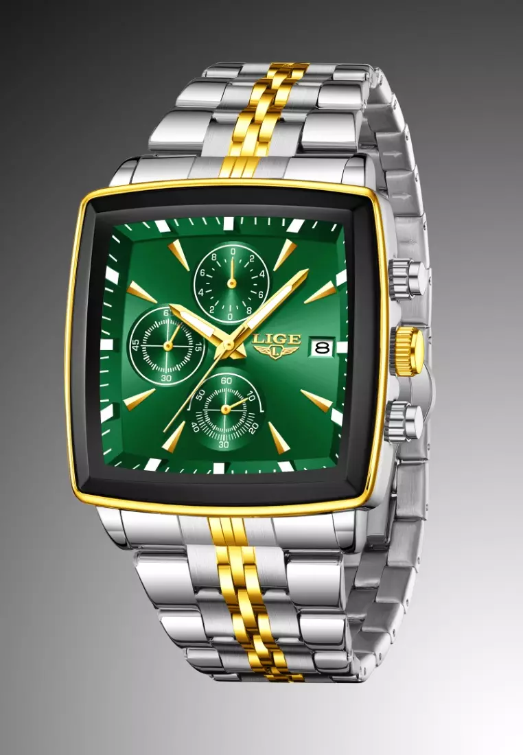 Chronograph Unisex Gold color finished Stainless Steel Quartz Watch 40X40mm, Green Dial, on Bicolor Bracelet