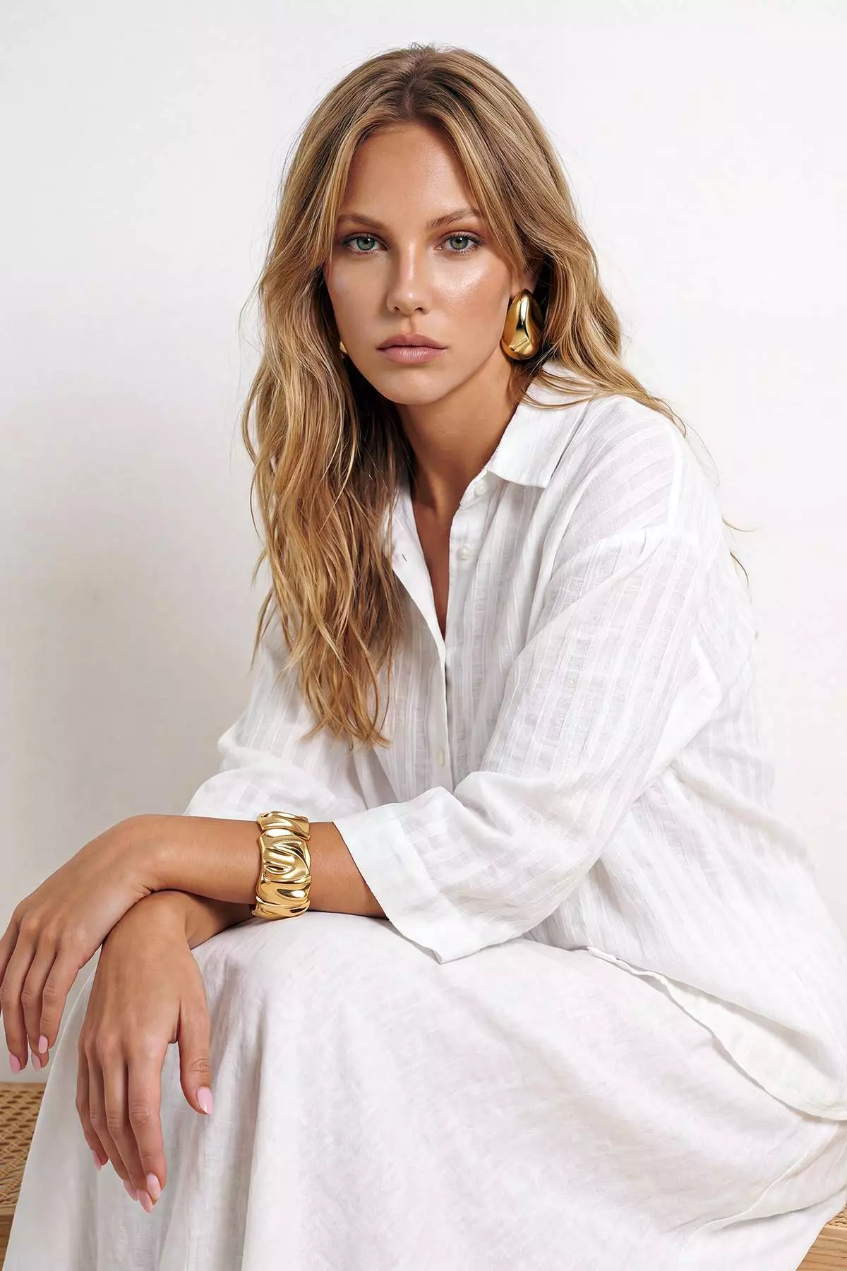 White Woven Sheer Oversized Beach Shirt Tbess26Go6