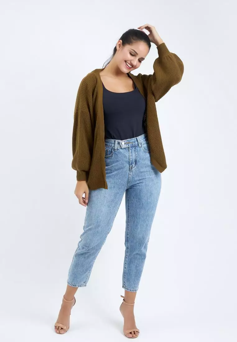 Balloon Sleeve Knit Cardigan in Brown