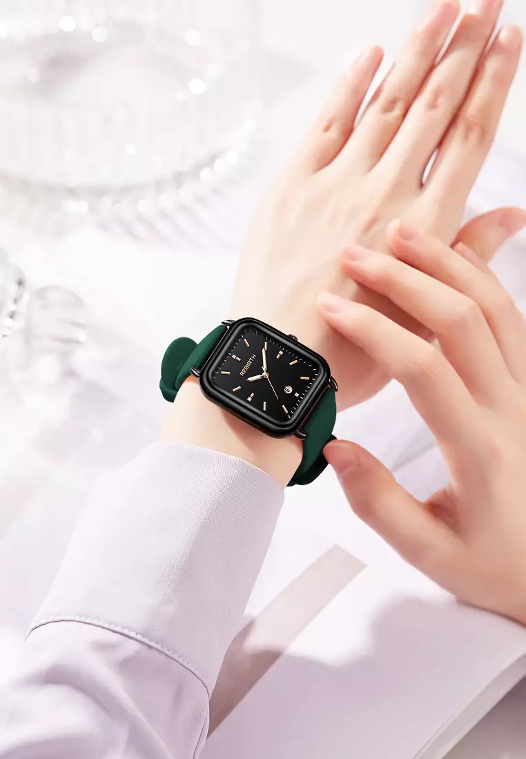 Jam Tangan Wanita Original Square Anggun Tali Silikon Anti Air hijau