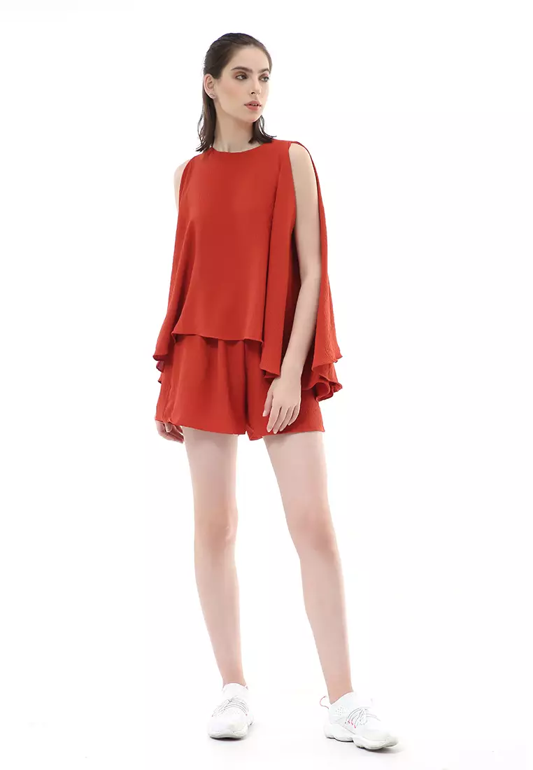 Nayra One Set Setelan Wanita Sleeveless Blouse with Short Pants Plain Motive Material Crepe Crinkle ORIGINAL - Tangerine