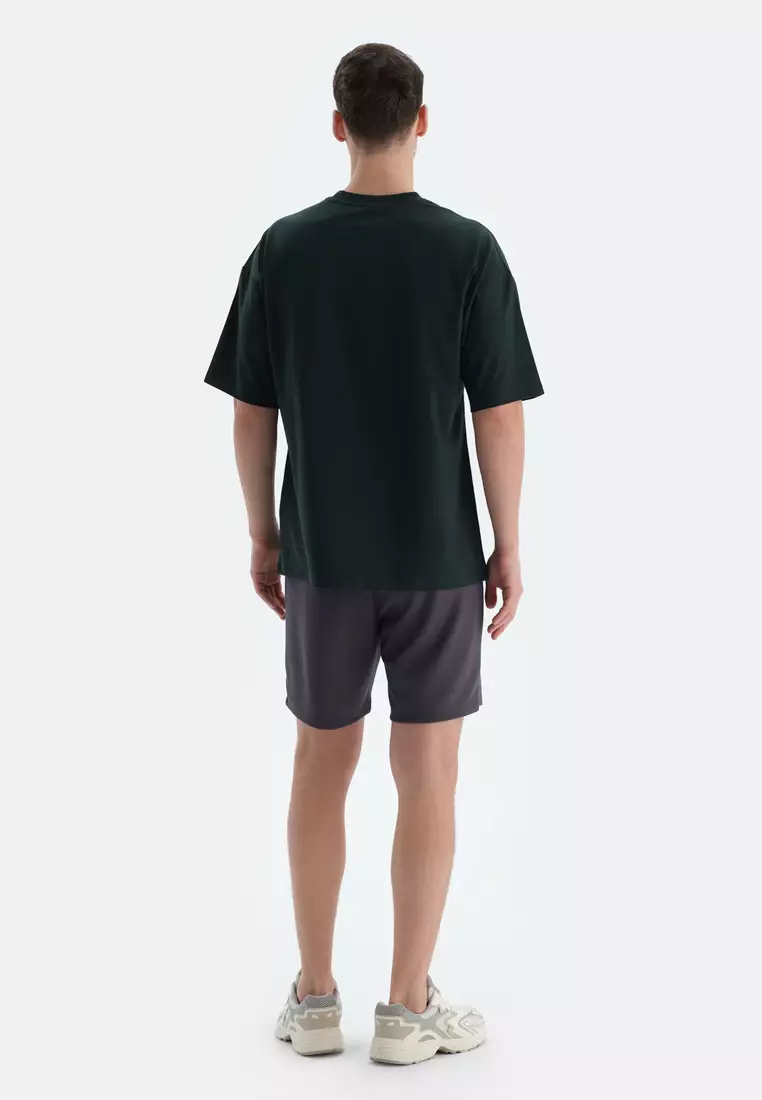 Dark Green T-Shirt, Slogan, Crew Neck, Oversize, Short Sleeve Activewear for Men