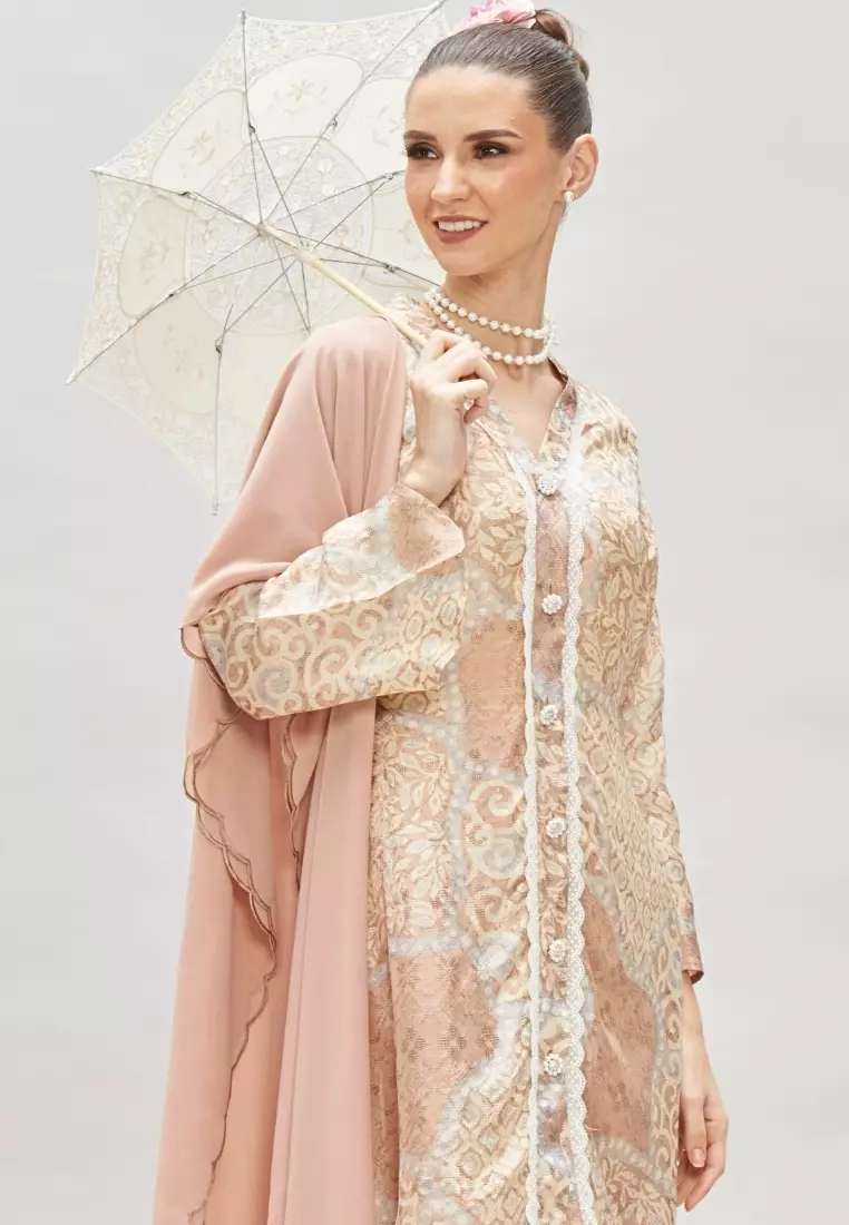 Premium Batik Beige long modern Kebaya & Satin Wrap Skirt