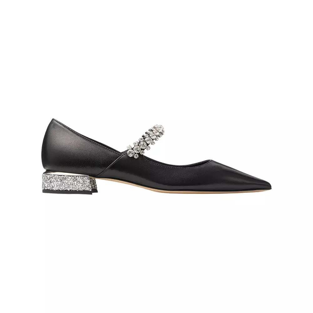 Bing 25 Crystal Strap Nappa Leather Flat Pumps Black Silver