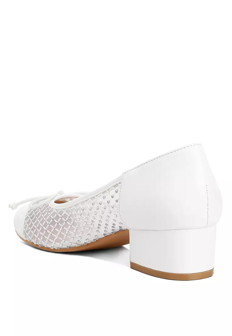 Rhinestone Detail Mesh Ballerinas in White