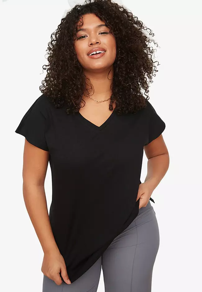 Buy Trendyol Plus Size V Neck Slit T Shirt Online ZALORA Malaysia