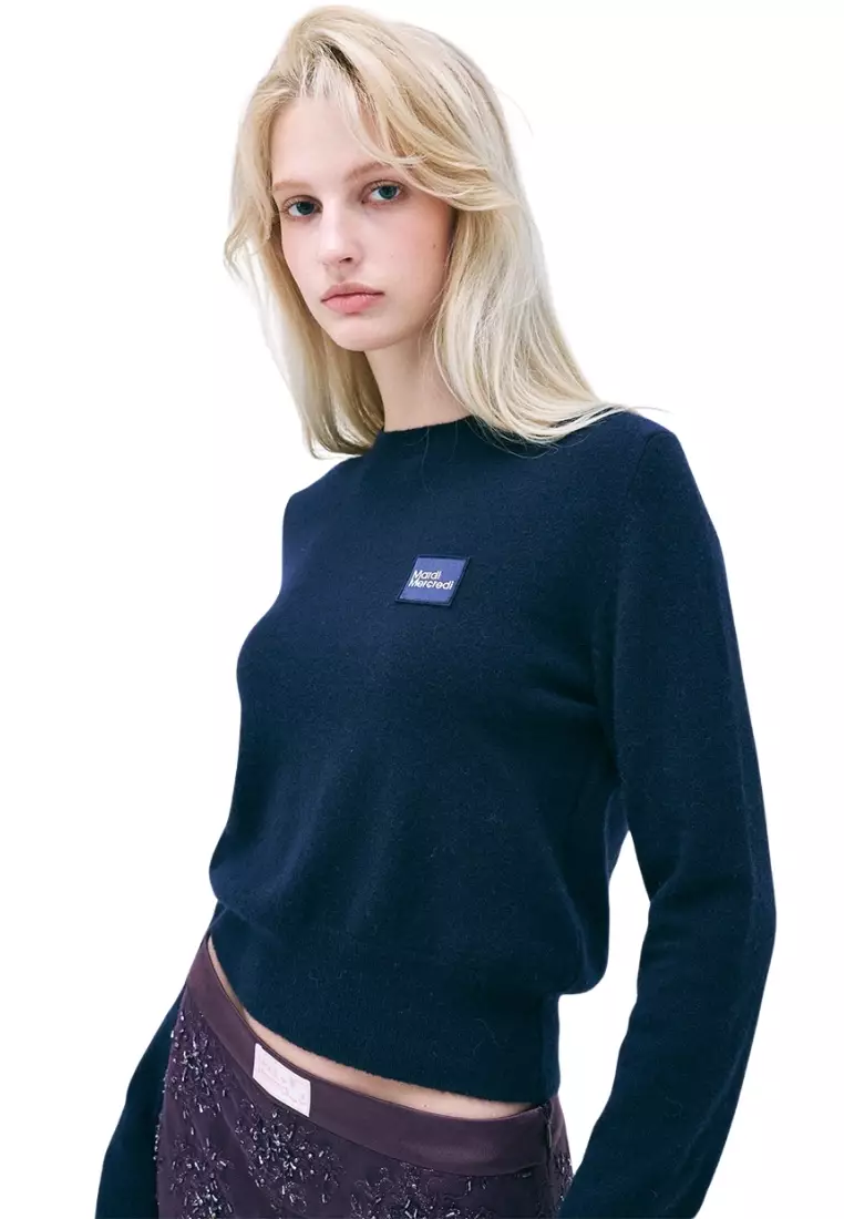 Cashmere Blended Round Neck Square Logo - Navy