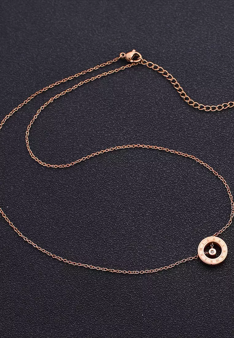 Roman Numerals Halo Pendant Necklace in Rose Gold Plated Titanium with Genuine 0.005ct Diamond