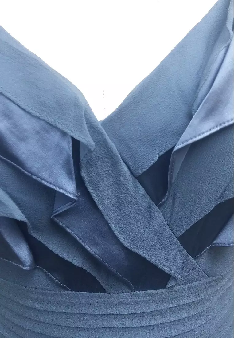 Tiered Chiffon Satin V-neck Cape Sleeve Evening Gown