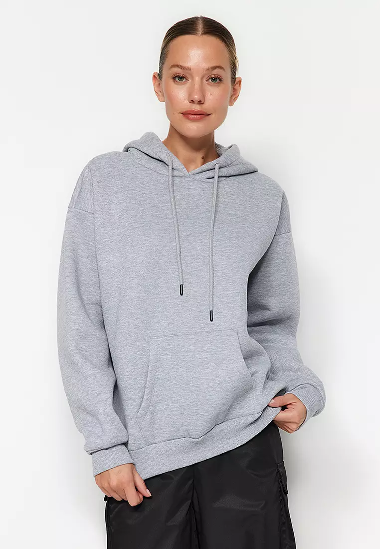 Gray Melange Thick Fleece Inside Oversize/Wide Fit Hoodie Basic Knitted Sweatshirt TWOAW24SW00103.