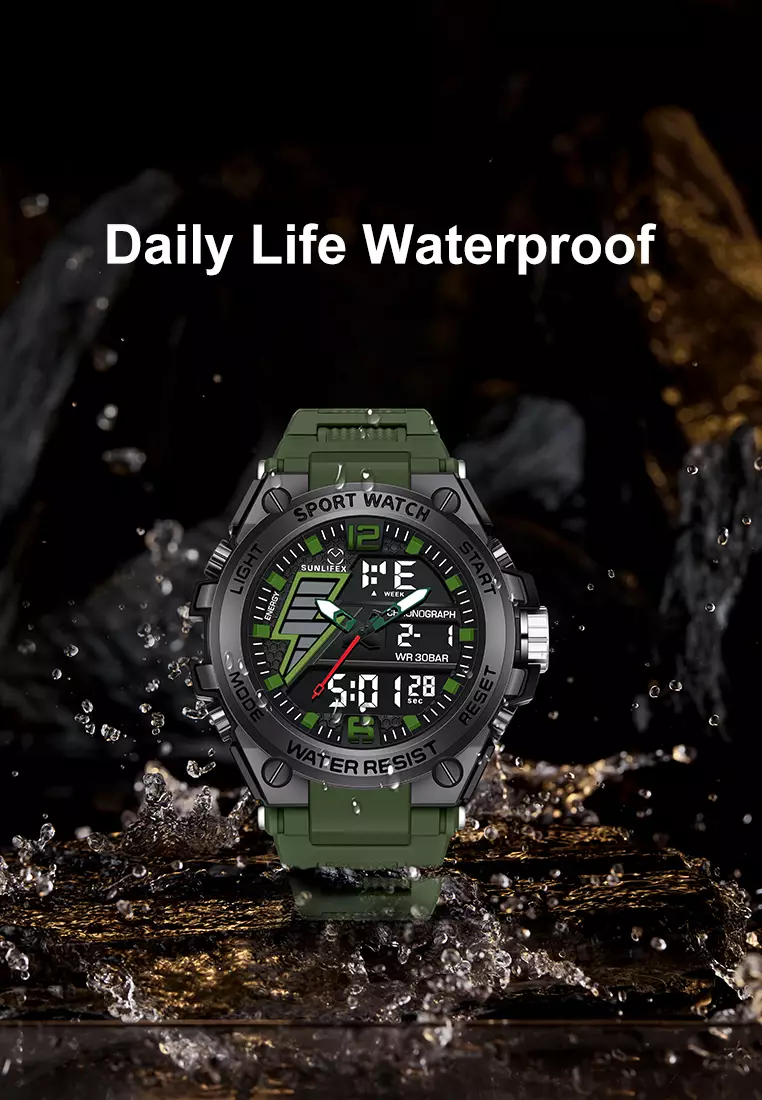 Jam Tangan Pria Analog&Digital Multifungsi Tali Silikon Anti Air Jam Tangan Cowok greenblack