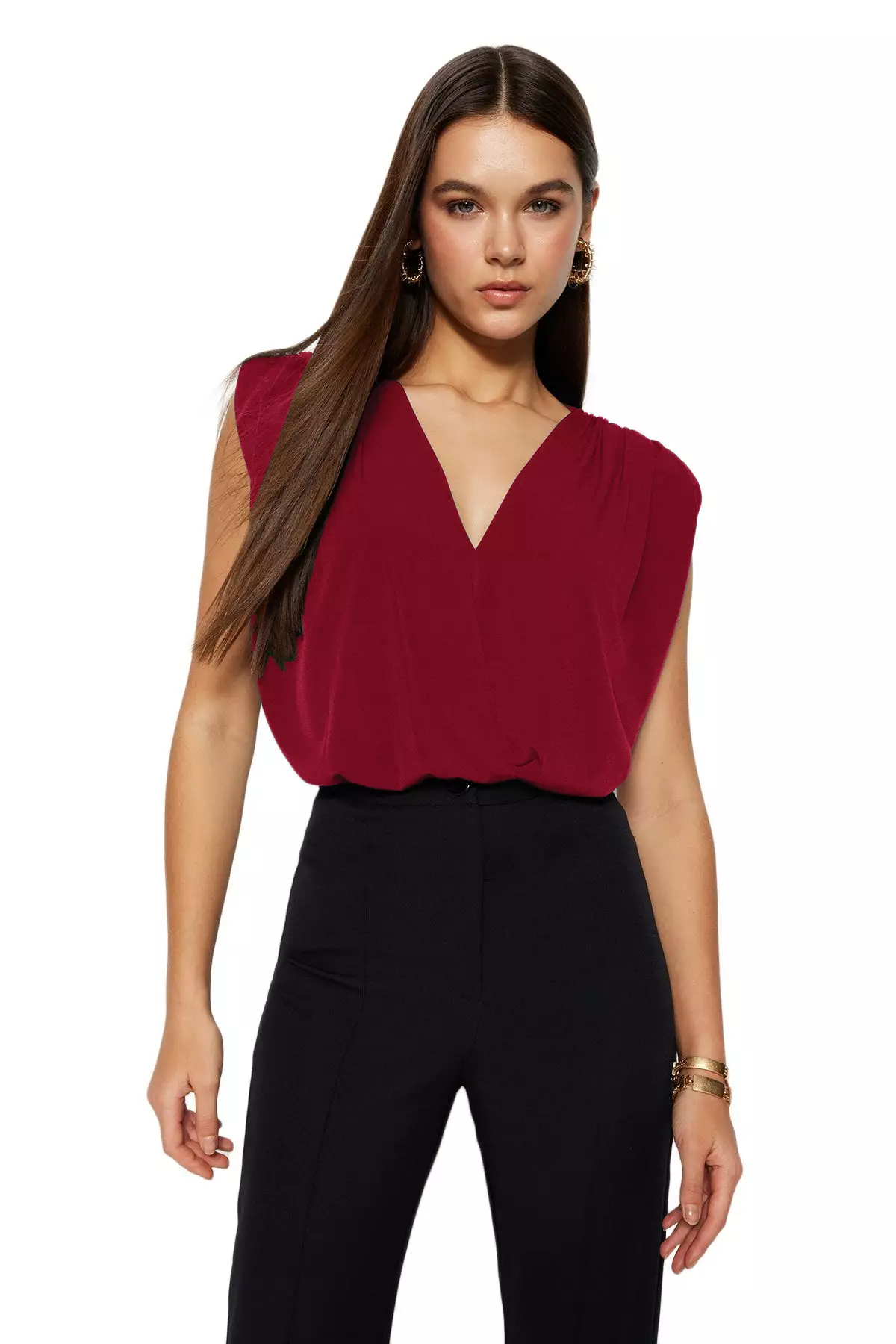 Red Padded Double Breasted Elastic Snap Knit Bodysuit TWOSS23BD00007