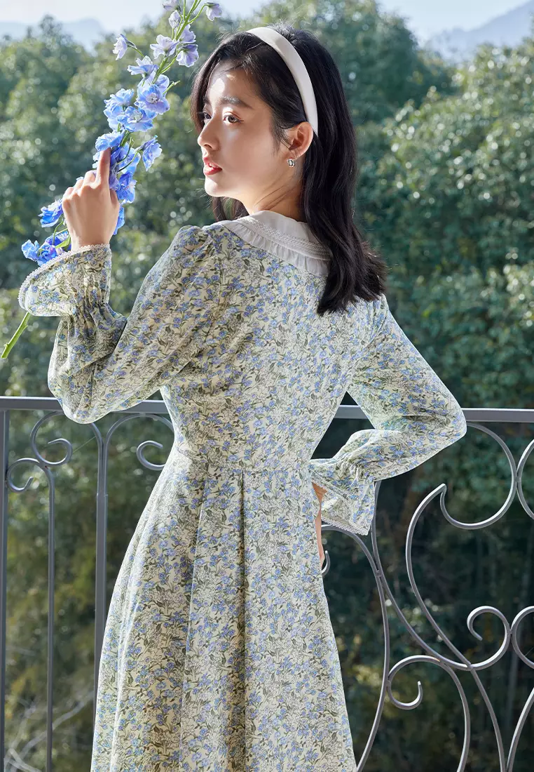 Long Sleeve V-Neck Vintage Collar Midi Floral Dress