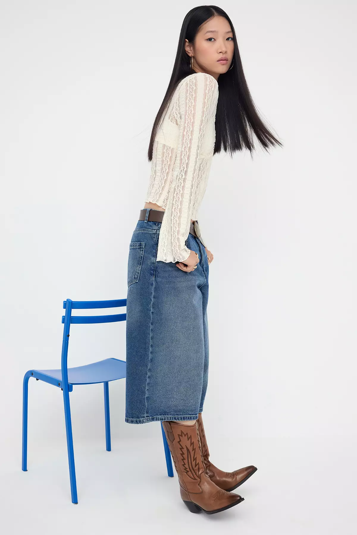 Teen Ecru Y-Neck Textured Bell Sleeve Knitted Blouse Twoaw26Bz00082