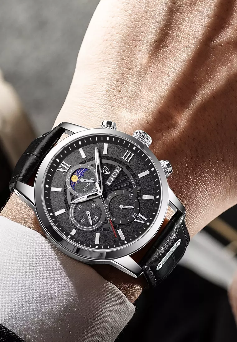 Chronograph, Unisex, Stainless Steel Quartz Watch 43mm, Black dial, on Black Leather Strap