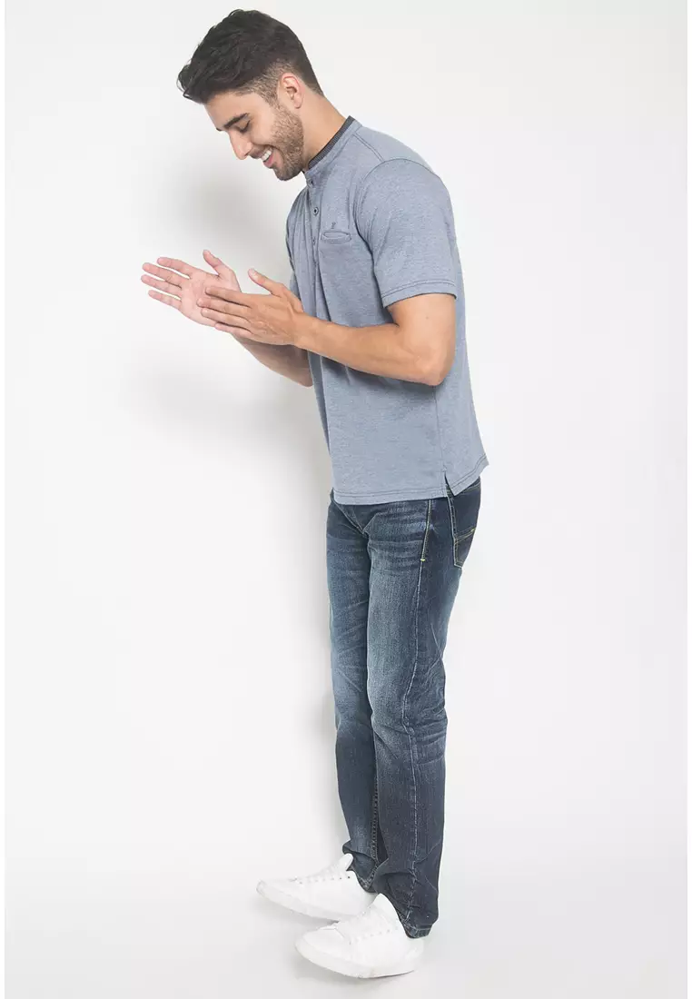 LGS - Regular Fit - Kaos Casual - Motif Polos - Lengan Pendek Kerah Koko Abu