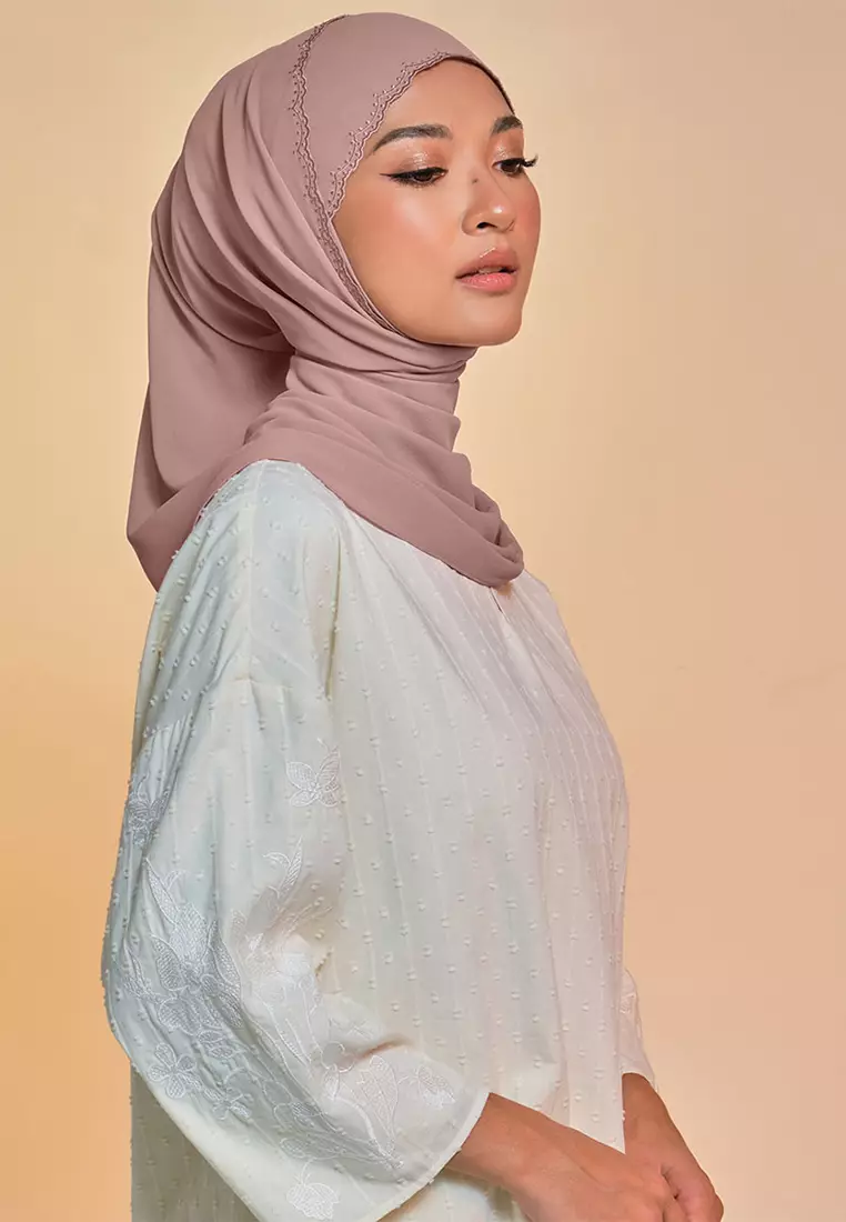 Tanuja Embroidered Scallop Headscarf - Brown Beige
