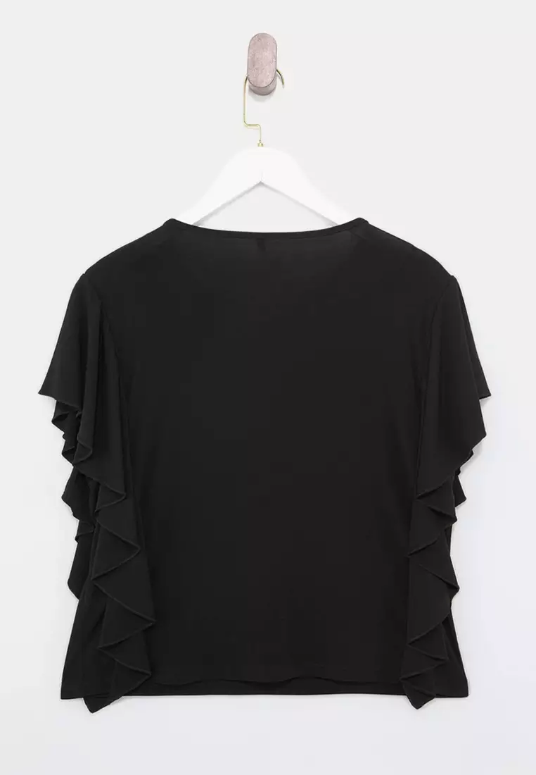 Black Sleeves Ruffle Detail Crew Neck Stretchy Knitted Blouse Tbbss26Af00082