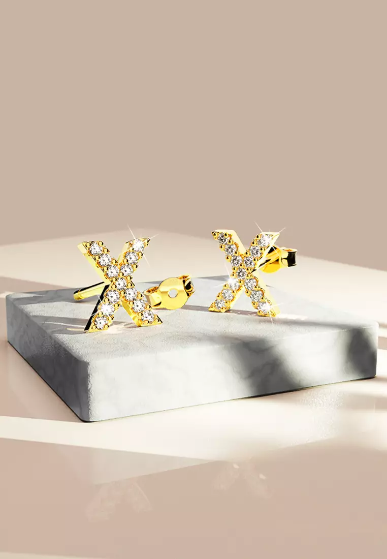 Solid 925 Sterling Silver Glamour Alphabet Letter Earrings Gold - X