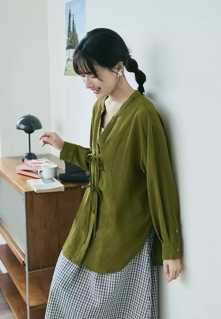 Loose V-Neck Tie Styling Front Short Back Long Side Slit Curved Hem Top [AB18850]