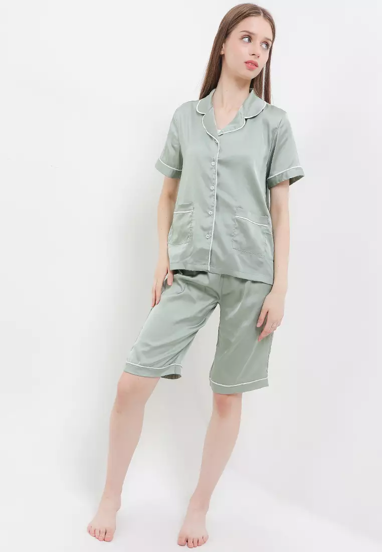 Piyama Pyjama Baju Tidur Satin Silk Couple Mens Short Sleeve Short Pants Sleepwear