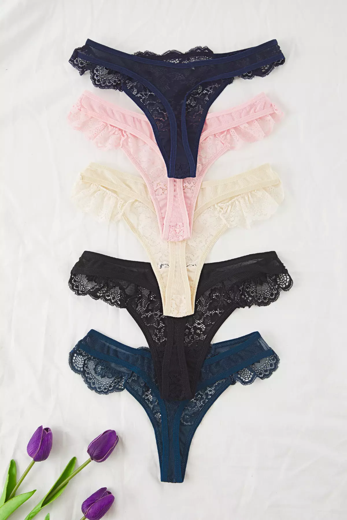 Blue &Multicolored 5 Coin Package Tulle Lace Detailed Thong